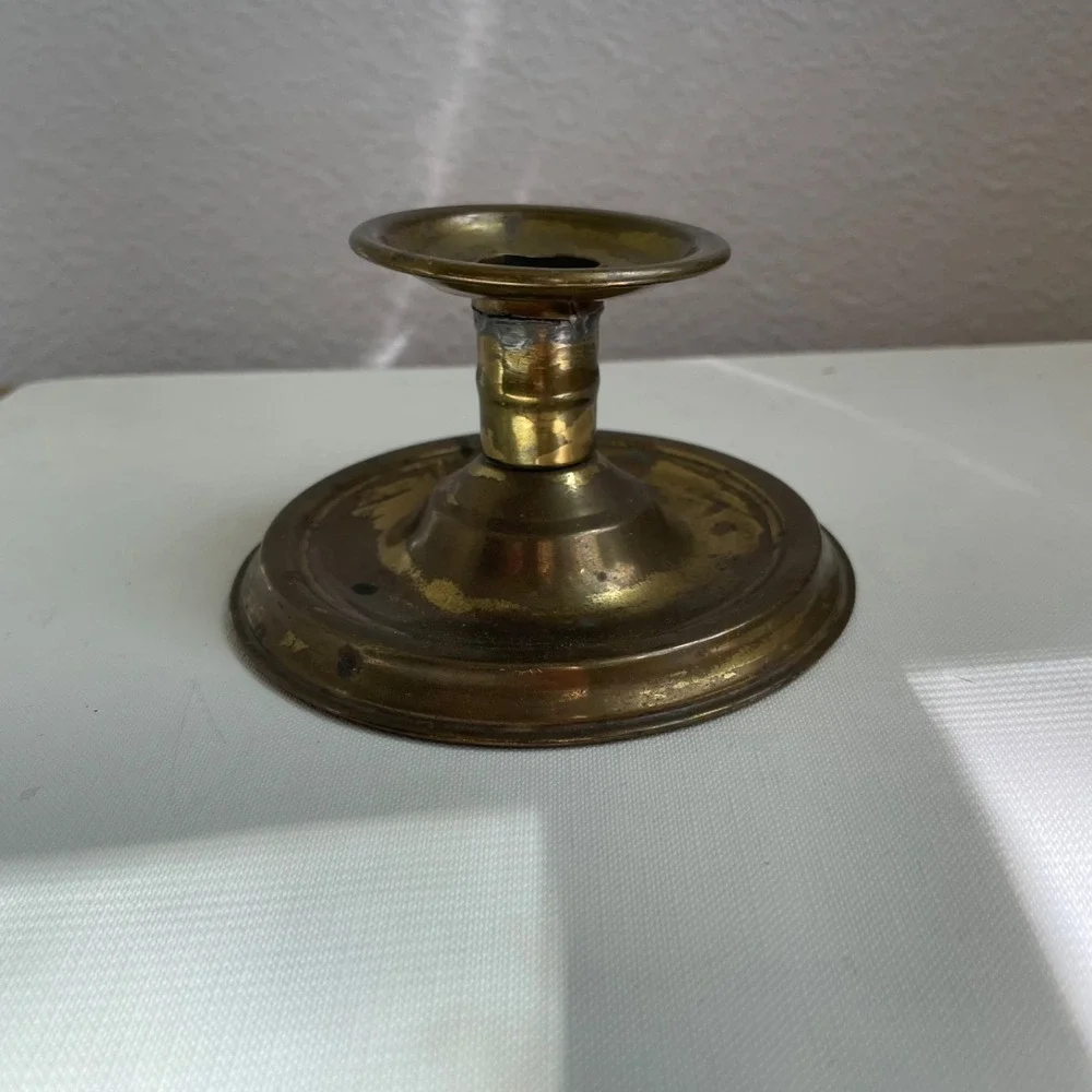 Antique Brass‎ Chamberstick Finger Candleholder Ring Handle Drip Tray Patina 4